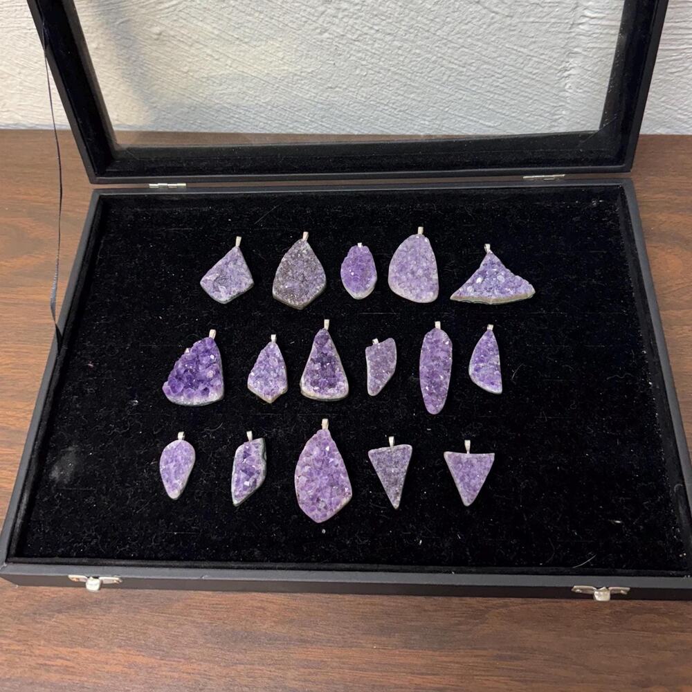 Lot of Amethyst Pendants Hand Cut Druzy Amethyst with Sterling Silver Bale
